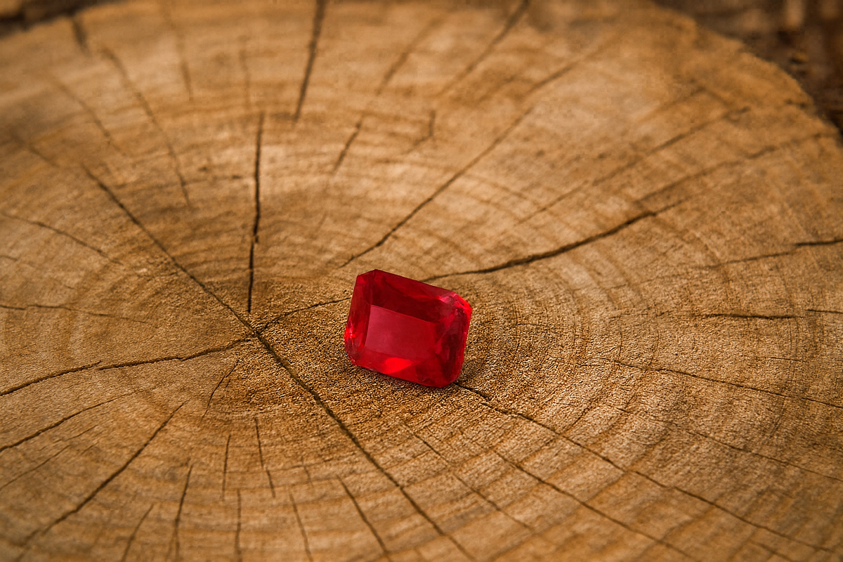 High-quality Burma pigeon blood ruby gemstone showing vivid red color and faceted clarity, displayed on a textured wooden tree stump