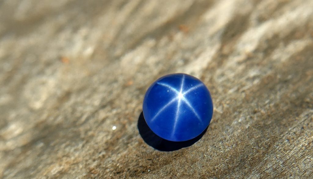 High-resolution close-up of a natural blue star sapphire displaying a sharp six-ray star under sunlight, placed on a textured wooden surface.